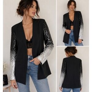 Ebossy Sequin Ombre Sleeve Blazer Womens Large‎ Black Silver Glam Jacket